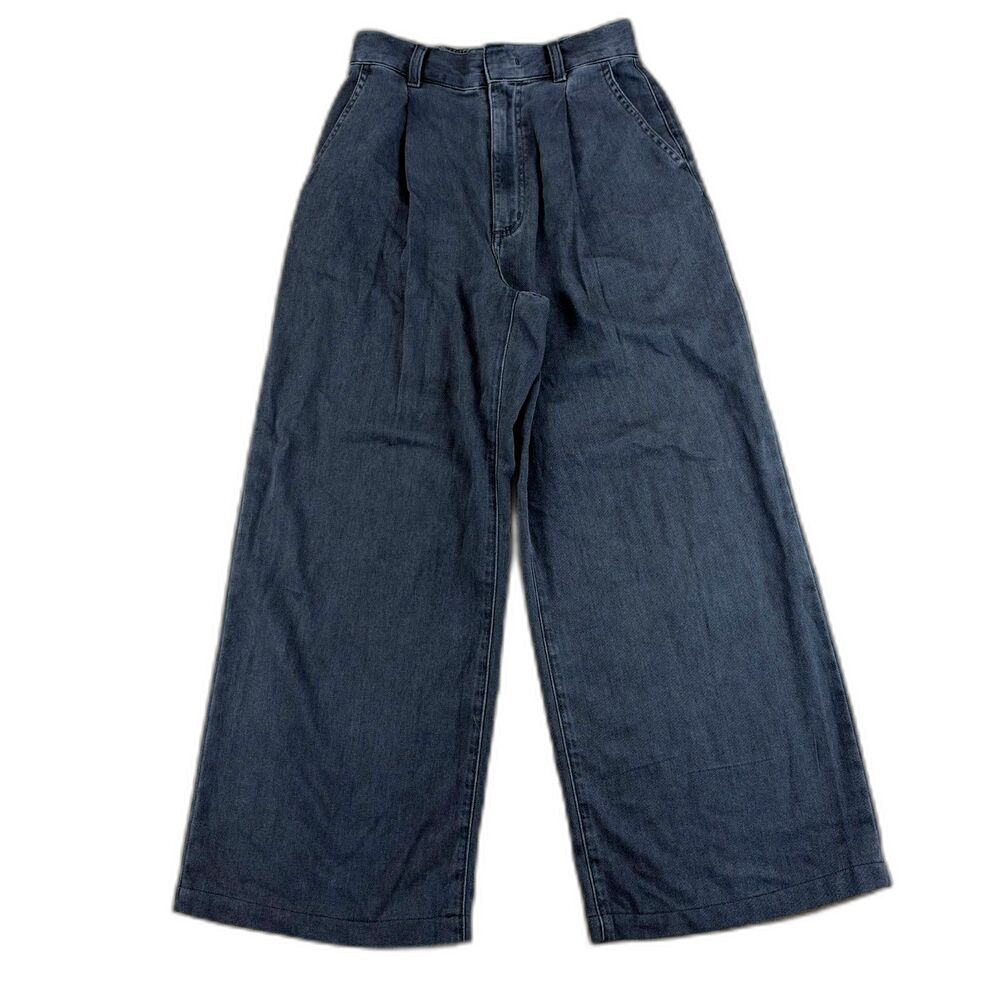 Gu Women's Small S Pleated Wide Leg Cropped Dark Gray Elastic Band Pants Trouser
